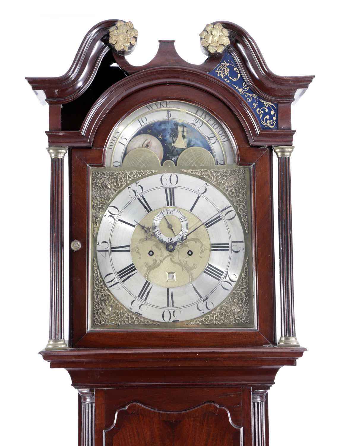 Hood and dial of the George III mahogany longcase clock by John Wyke