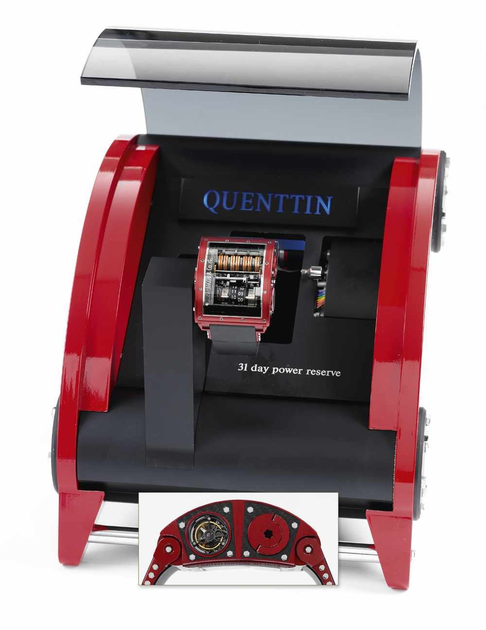 Jacob & Co. Quenttin Red Magnesium wristwatch displayed with its motorized winding case.