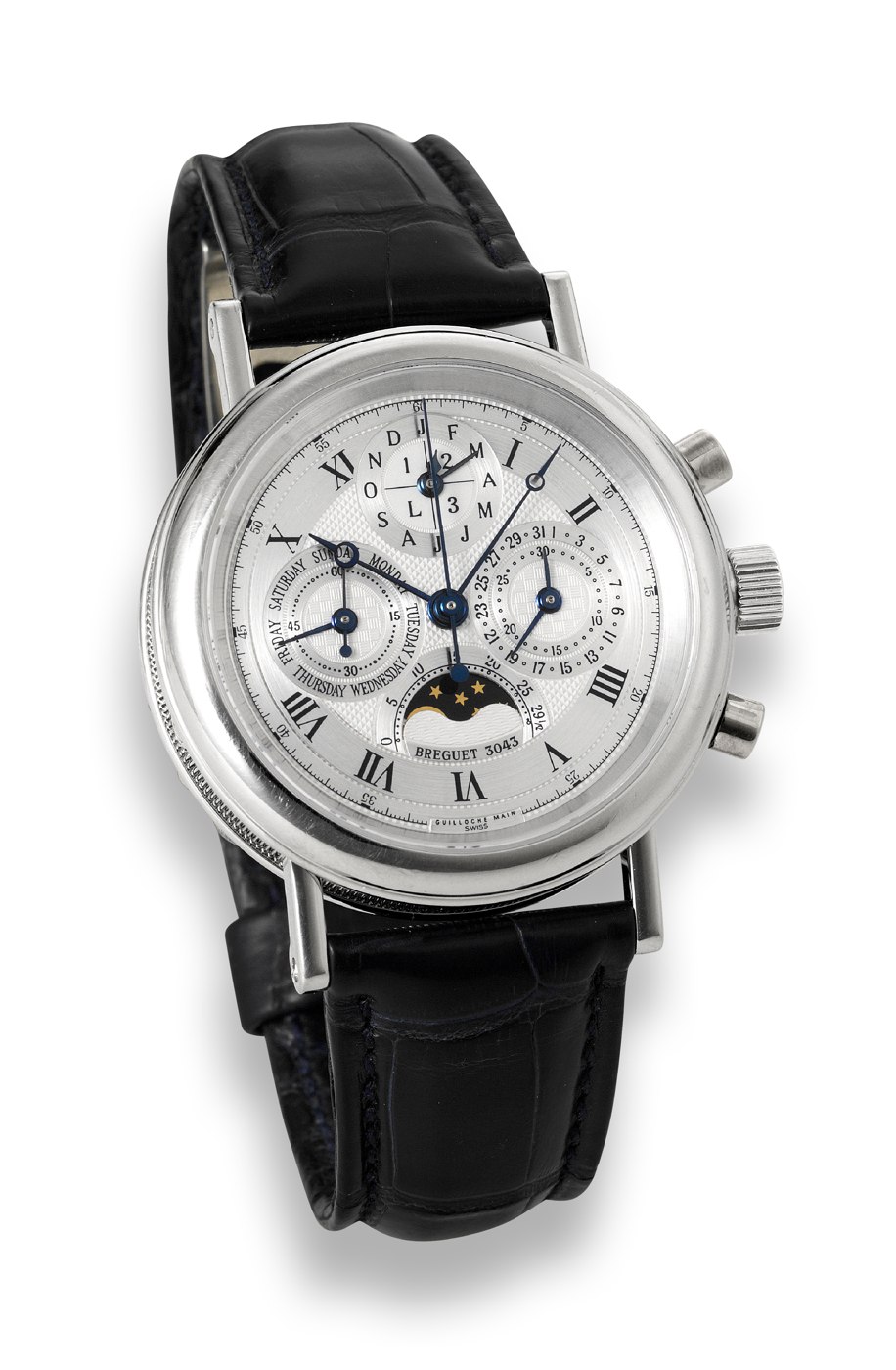 Front view of the Breguet Quantieme Perpetuel Chronograph in platinum with guilloche silver dial.