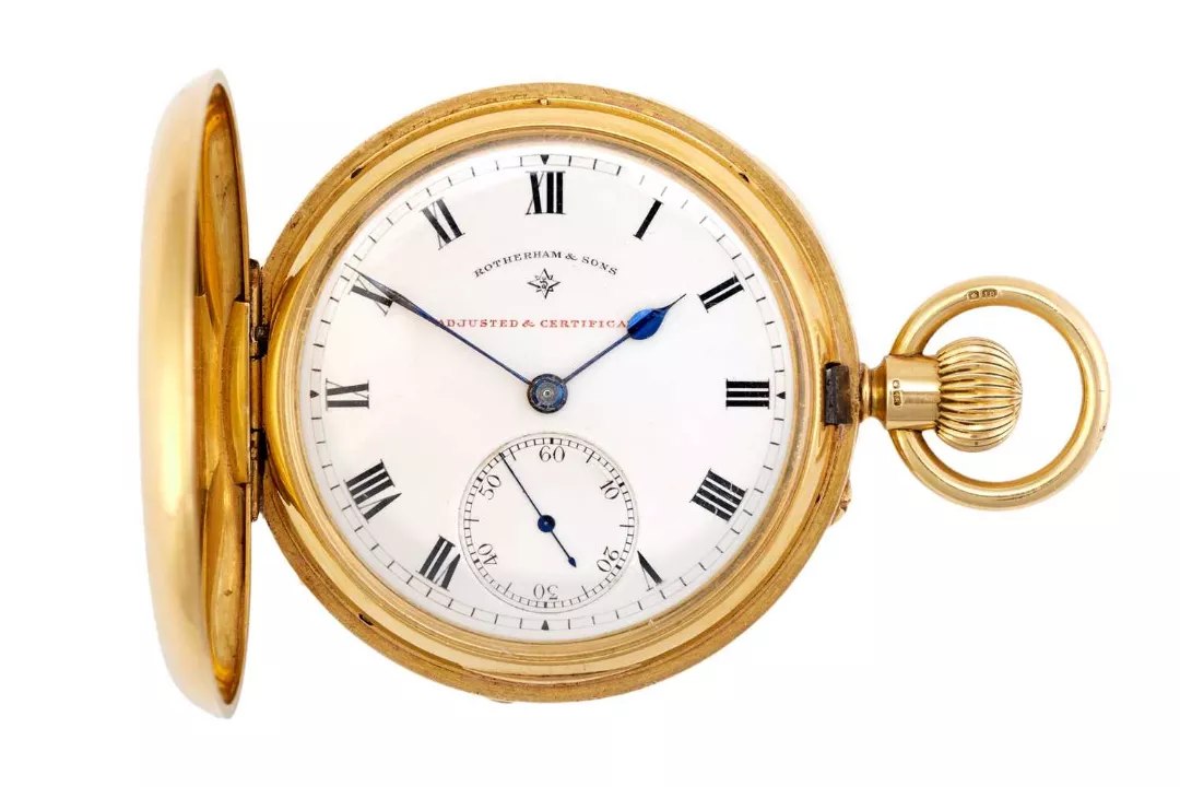Front view of the 1907 Rotherham & Sons 18 carat gold full hunter pocket watch with cover open