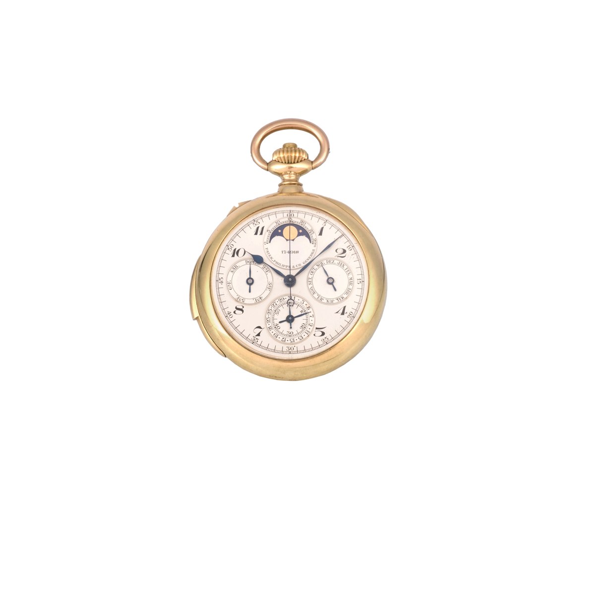 Patek Philippe 18K yellow gold perpetual calendar chronograph minute repeating pocket watch.