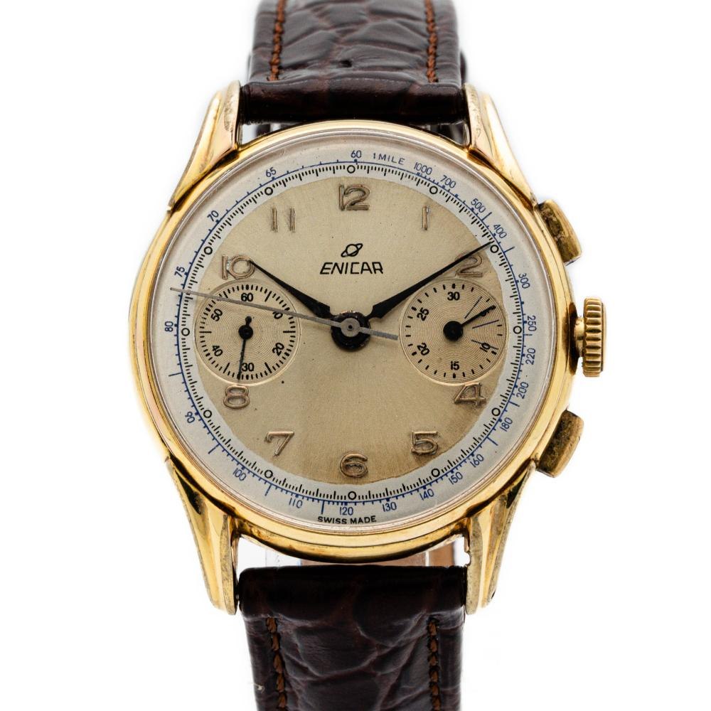 Front dial view of the vintage Enicar chronograph wristwatch