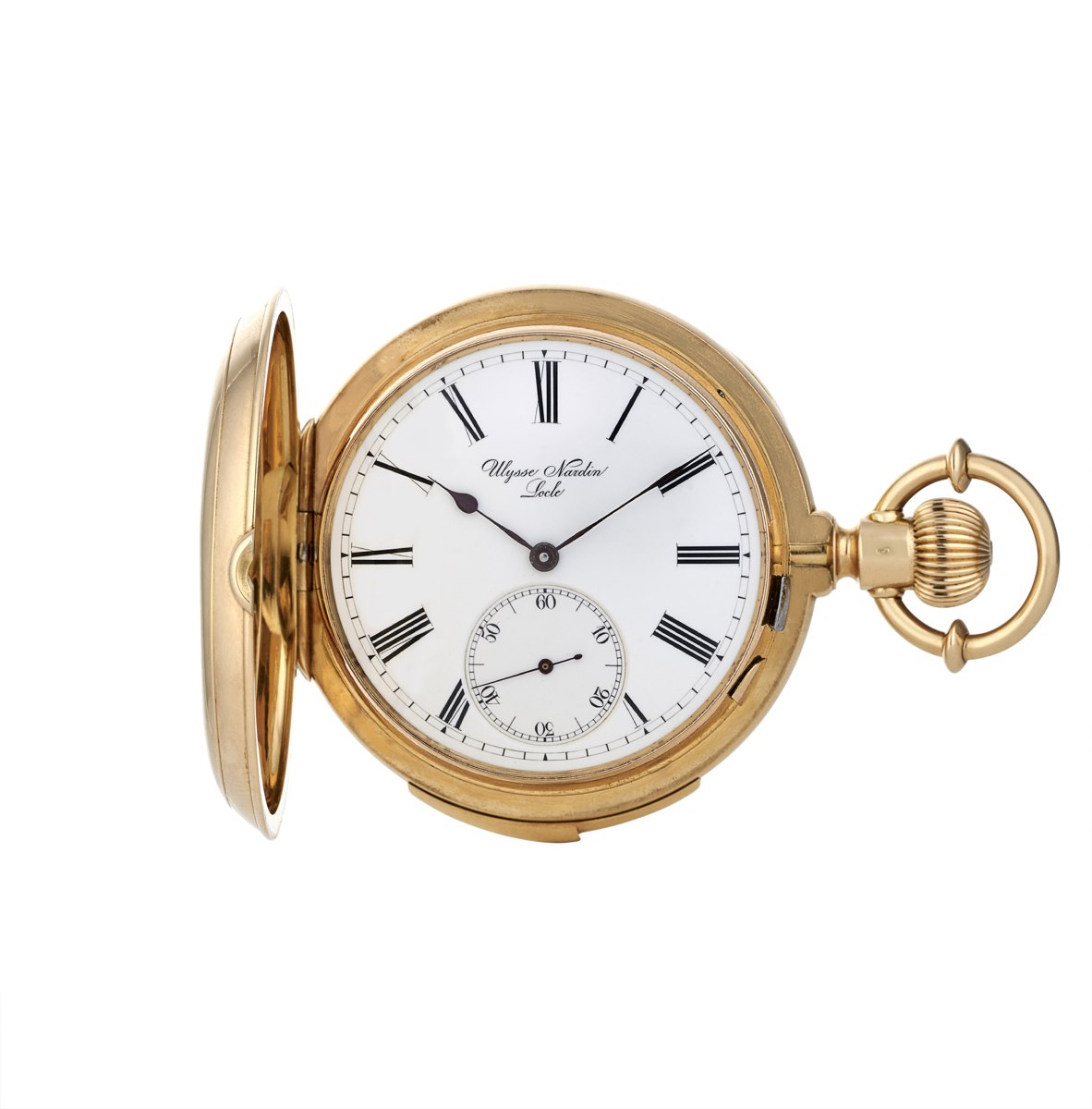 Front view of the open hunter case yellow gold pocket watch showing the enamel dial and subsidiary seconds.
