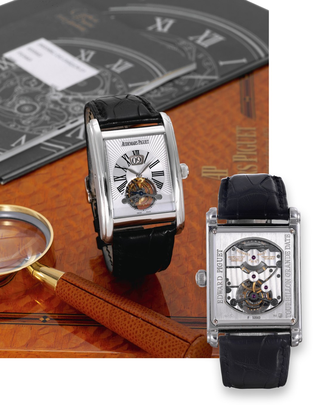 Frontal view of the Audemars Piguet Edward Piguet Tourbillon Grande Date with the case back visible on the right.
