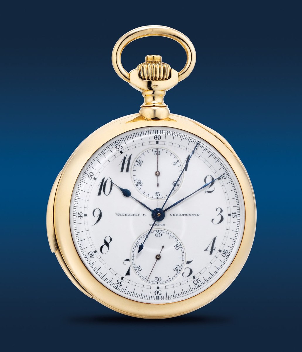Front view of the 18K yellow gold Vacheron Constantin minute-repeating chronograph pocket watch