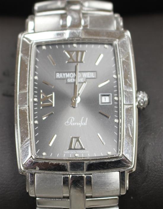Dial and bezel view of the Raymond Weil Parsifal rectangular stainless steel wristwatch