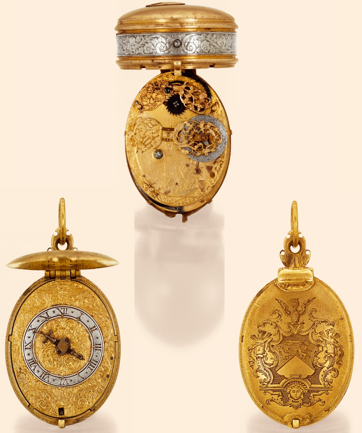 The oval pendant watch shown with the dial exposed (left), the movement exposed (center), and the engraved cover exterior (right).