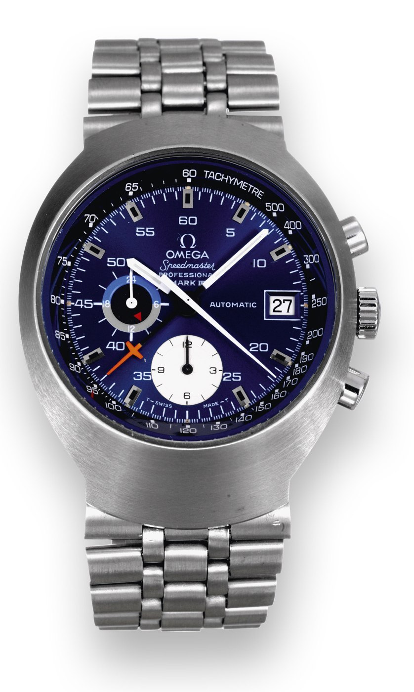 Front view of the Omega Speedmaster Professional Mark III featuring the satiné blue dial, tachymeter scale, and stainless steel Holzer bracelet.