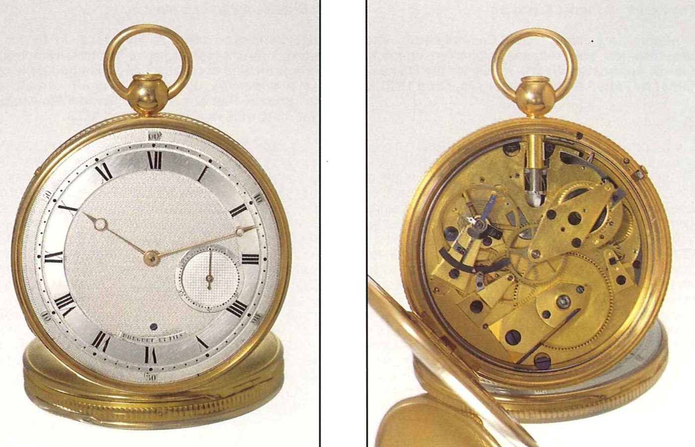 Front view of the dial and the interior of the movement of the Breguet No. 3256.