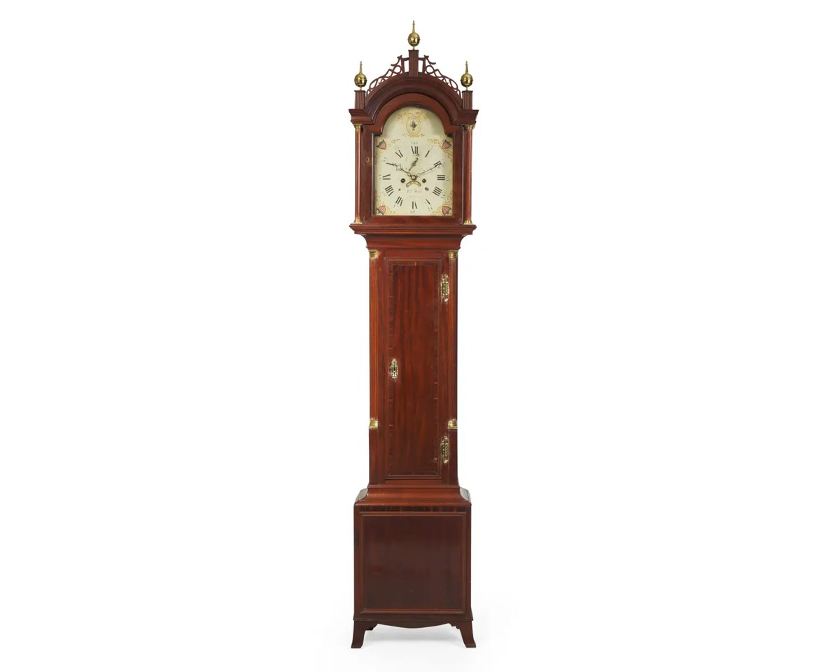 Full frontal view of the Federal mahogany tall case clock