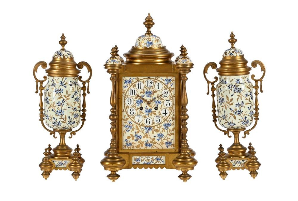 French gilt brass and porcelain mantel clock garniture, circa 1880