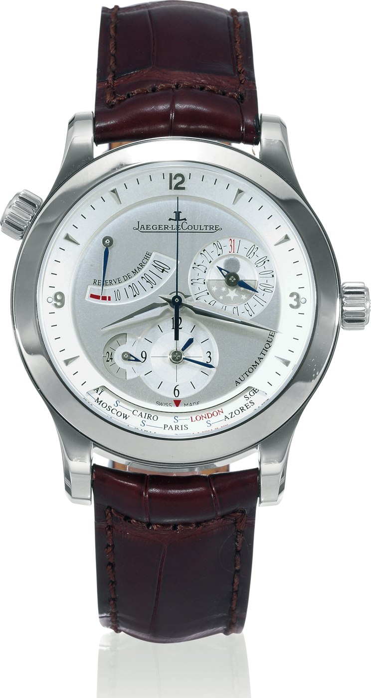 The Master Geographic wristwatch showing the dial layout, the 10 o'clock city selection crown, and the 3 o'clock time-setting crown.