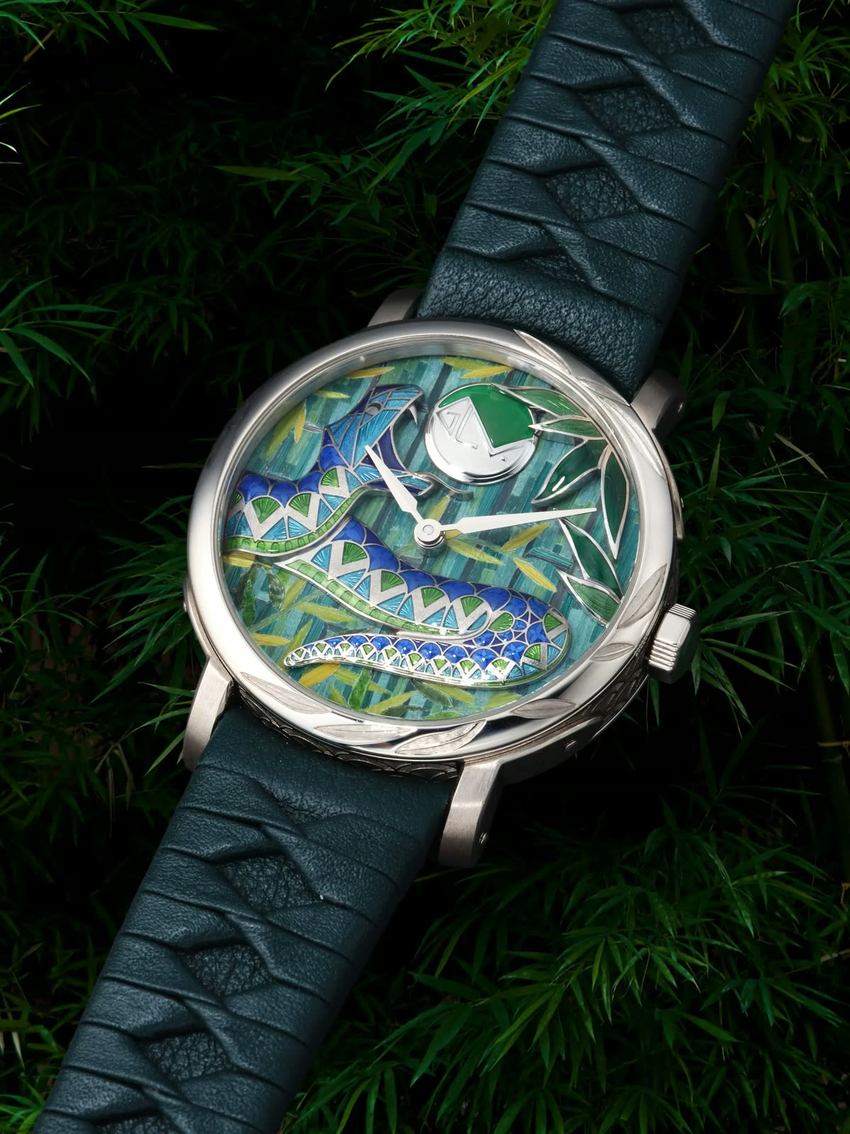 Front view of the Louis Vuitton Escale Cabinet of Wonders 'Snake's Jungle' wristwatch Ref. W3WG21 on braided leather strap