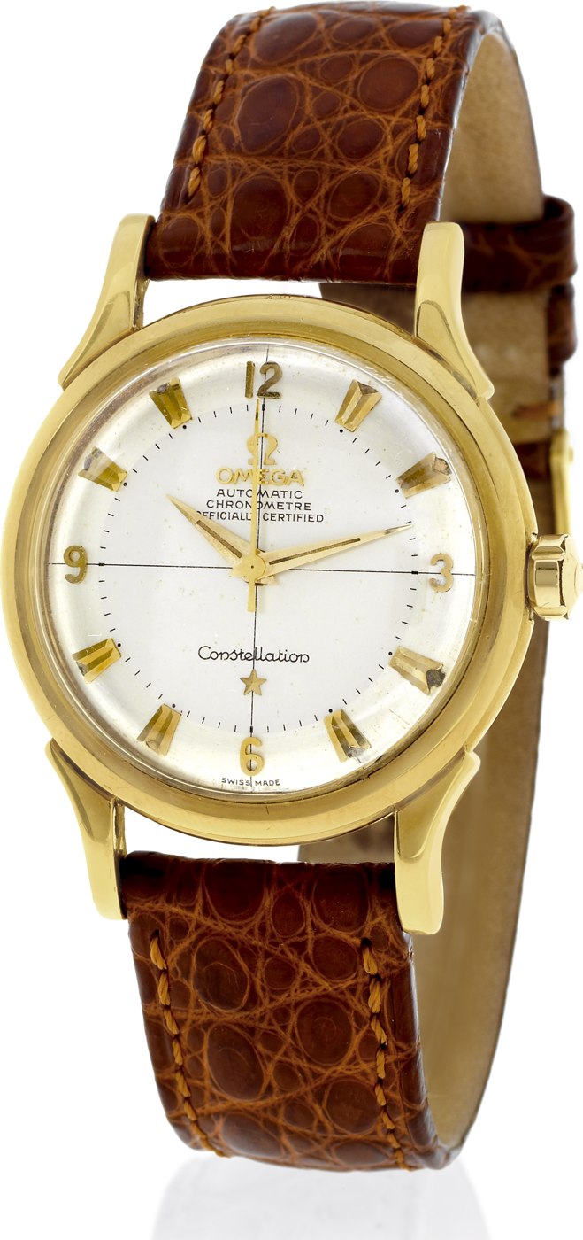 Front view of the Omega Constellation ref. 2852 on a brown leather strap.