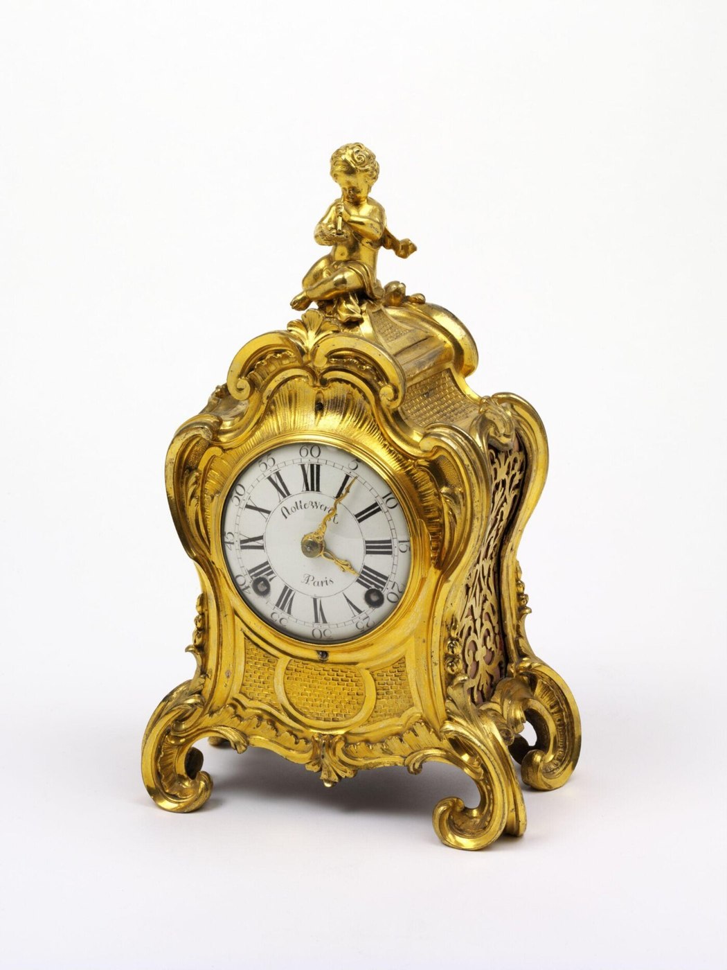 A 1745-1750 cartel clock by Michel Stollewerck, featuring an ormolu Cupid finial and an enamel dial.