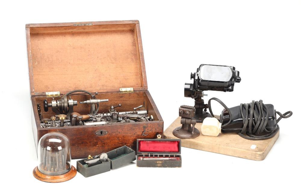 Wolf Jahn & Co. watchmakers' lathe set with electric motor and accessories