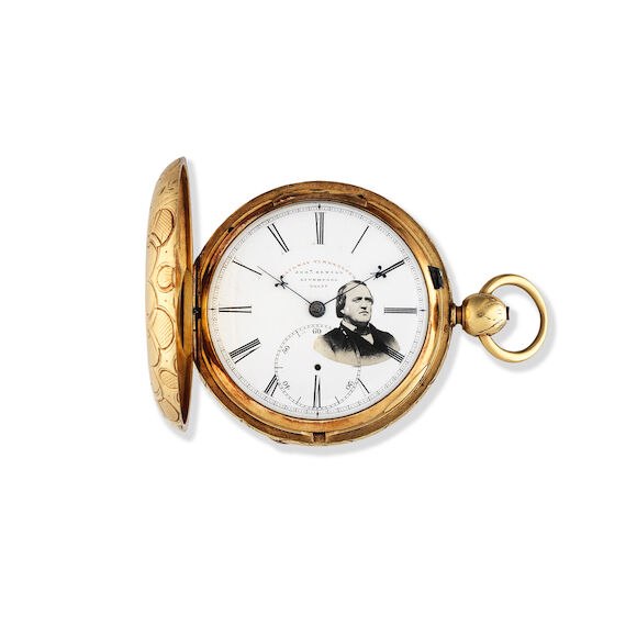 Dial and open front hunter case of the Josh Sewill 18K gold pocket watch