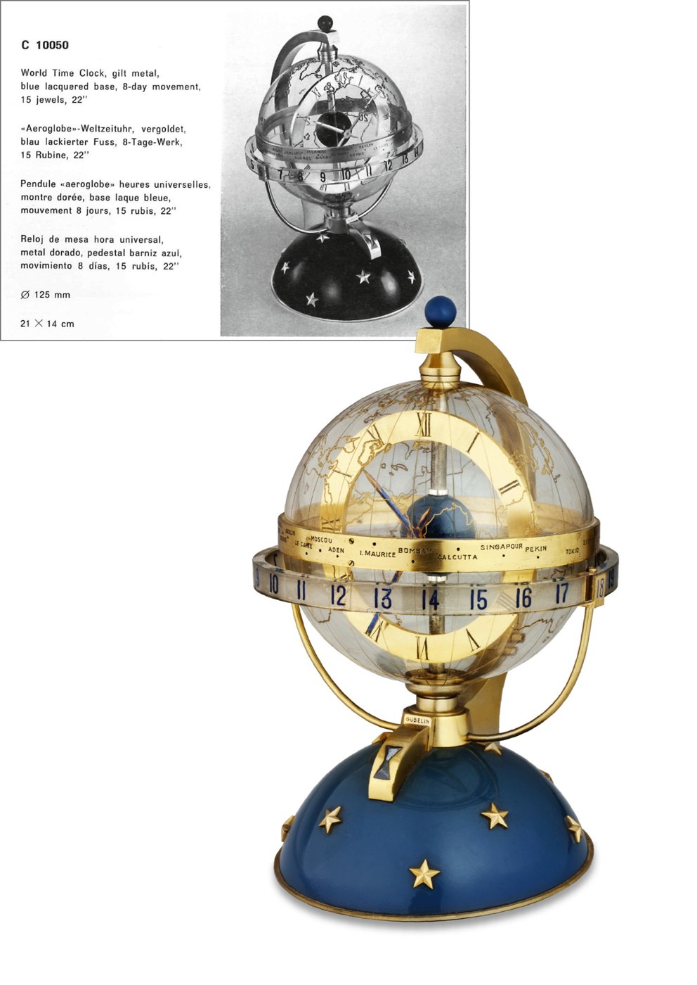 Gübelin World Time Globe Desk Clock, showing the globe, city ring, 24-hour ring, and star-adorned base.
