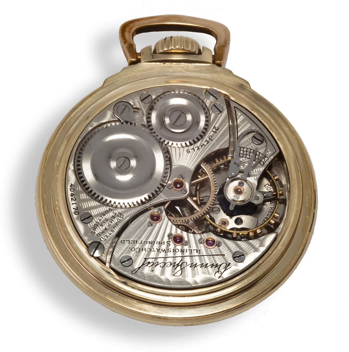 Movement view of the Illinois Bunn Special pocket watch showing sunburst damaskeening and serial 4042170