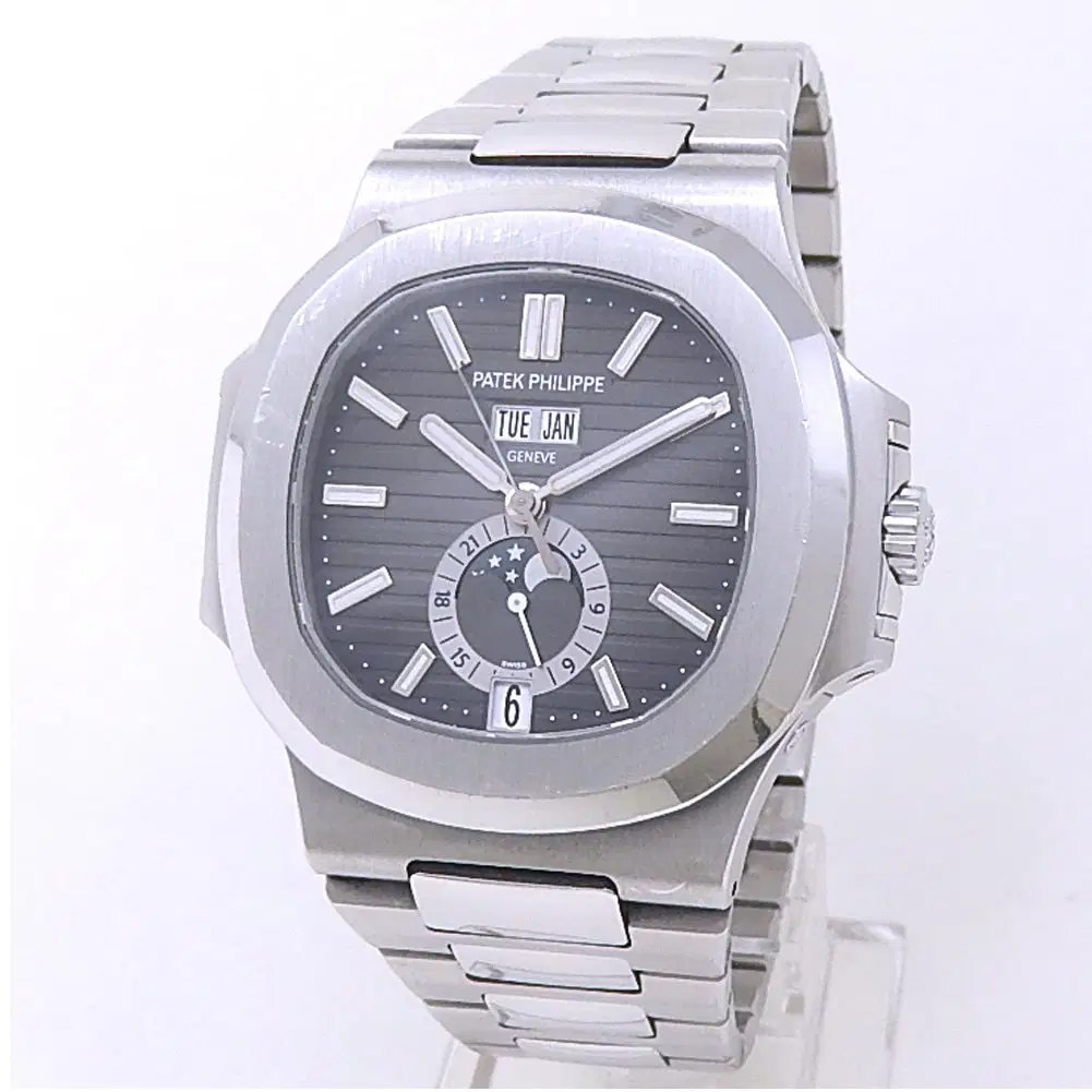 Front three-quarter view of the Patek Philippe Nautilus Annual Calendar ref. 5726/1A-001 on a display stand