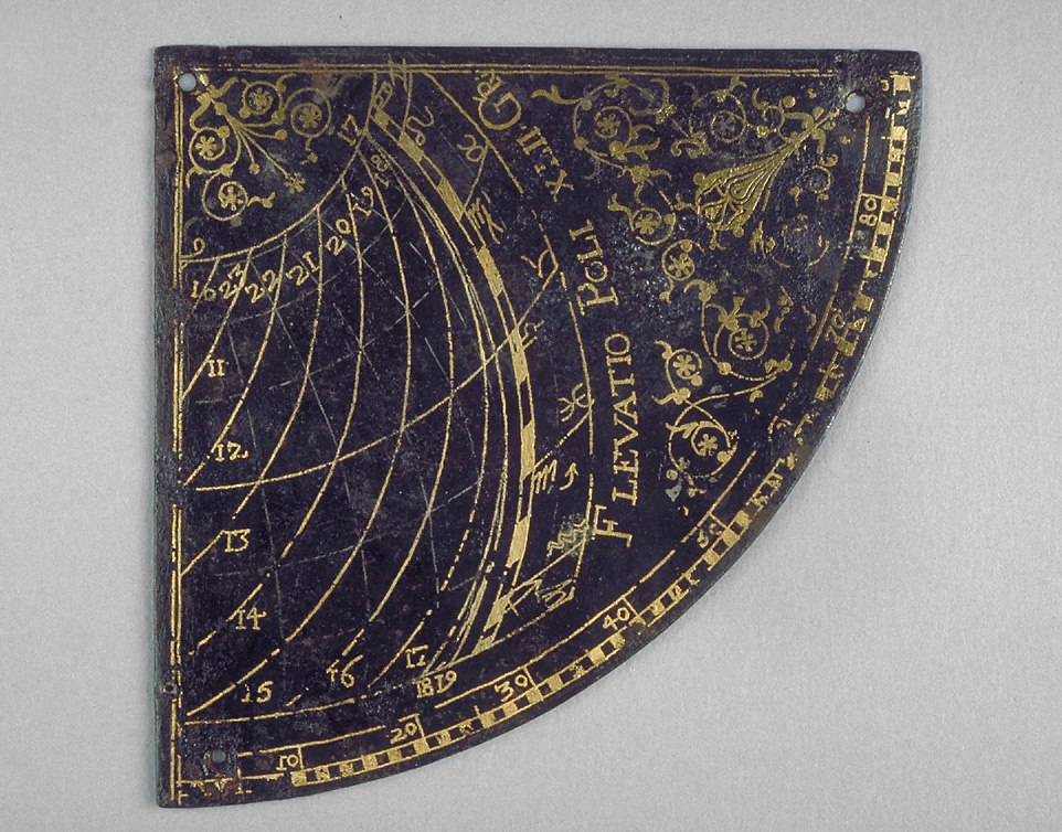 Detailed view of the iron quadrant showing the gold and silver inlay, including the zodiac scale and latitude inscription.
