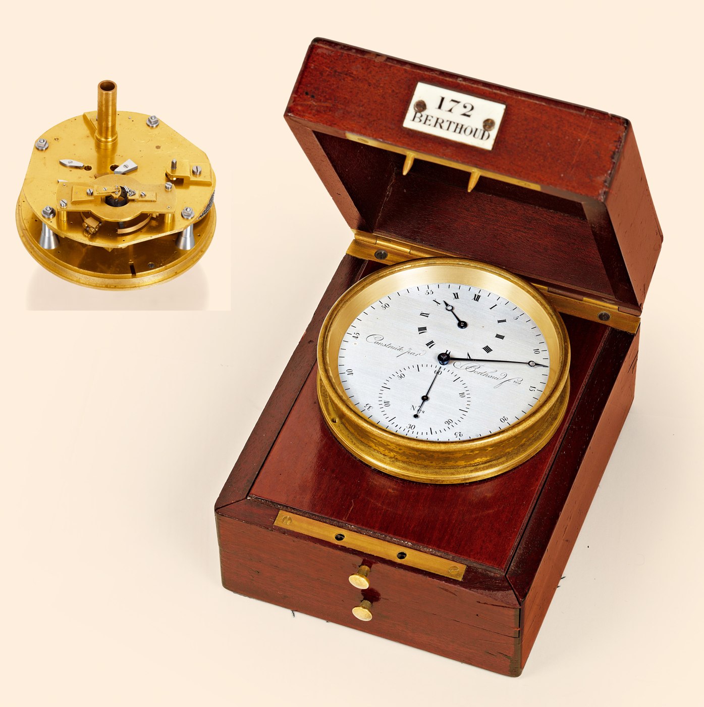 View of the marine deck watch in its mahogany box, alongside a separate view of the movement.