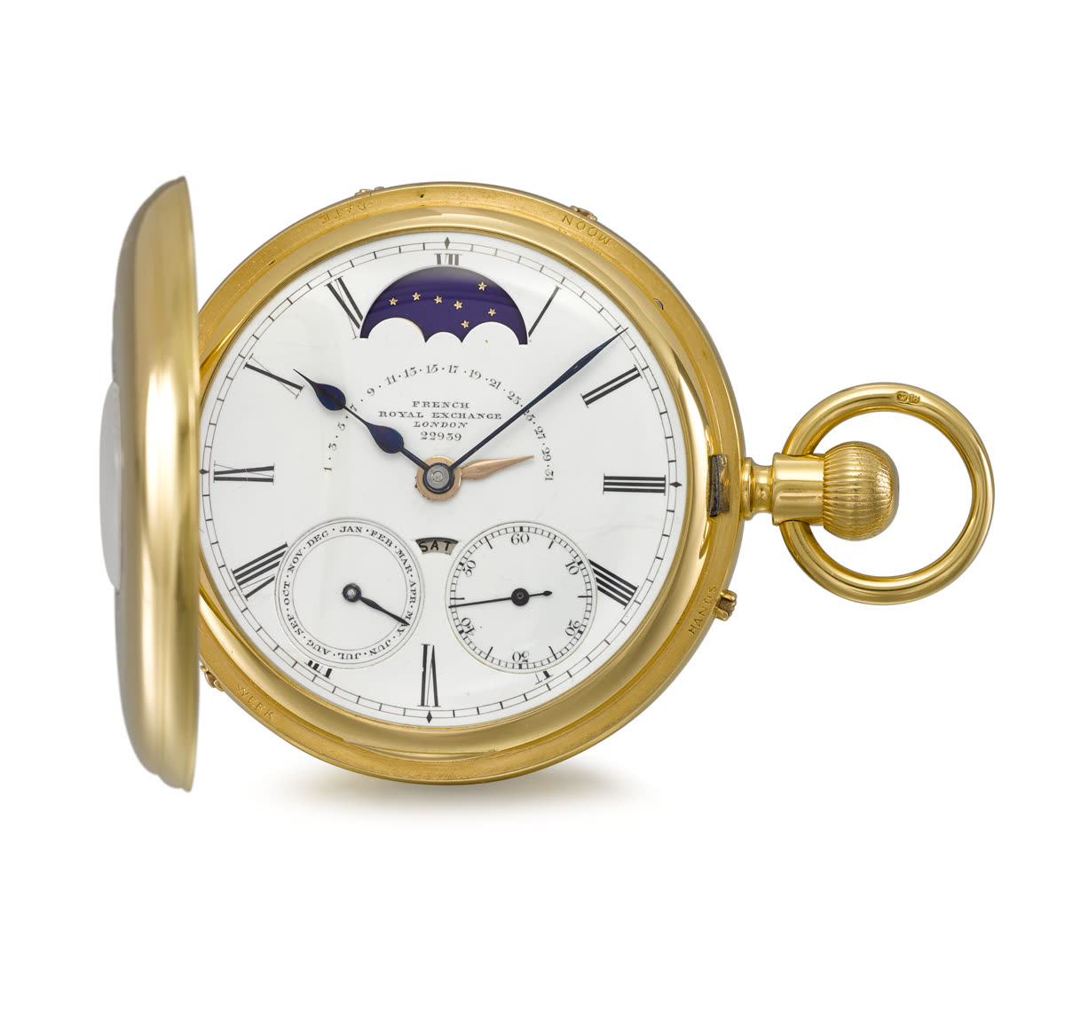 Front view of the open 18K gold half hunter pocket watch showing the enamel dial, moon phase, and calendar indications.