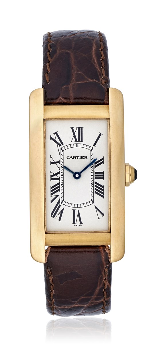 Front view of the Cartier Tank Américaine ref. 1720 in 18k yellow gold with white dial and brown strap