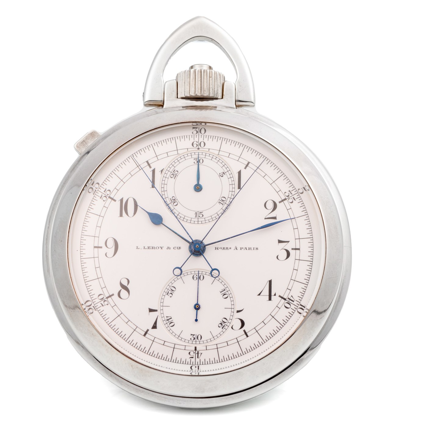 Front view of the L. Leroy & Cie oversized pocket chronometer showing the enamel dial with split-seconds and 30-minute counter registers.