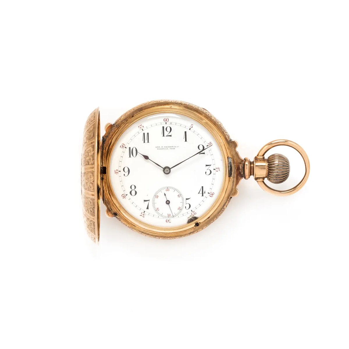Front view of the Calhoun 14K pink gold hunter case pocket watch with front cover open