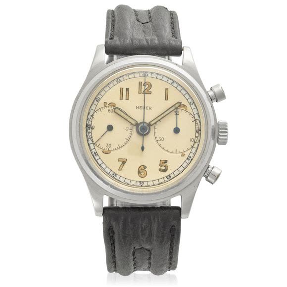 Front view of Heuer 'Big Eye' stainless steel manual wind chronograph wristwatch