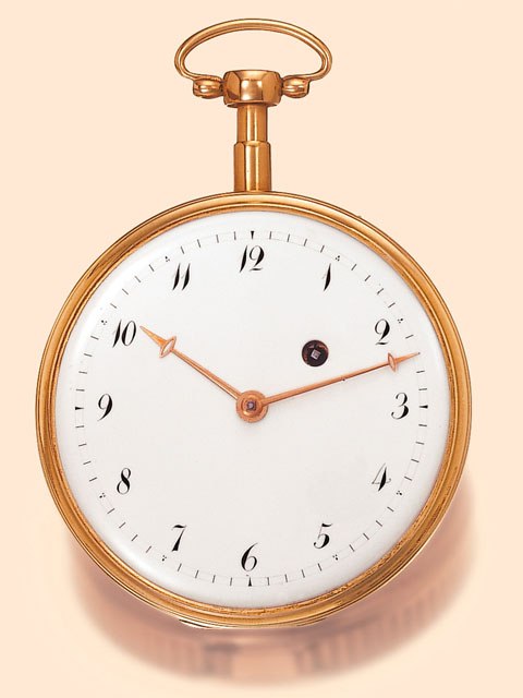 Front view of the unsigned Swiss minute-repeating pocket watch showing the white enamel dial, Breguet numerals, winding aperture, and gold double crescent hands.