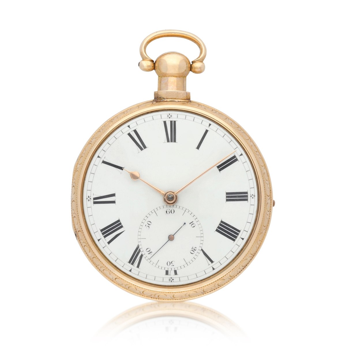 Front view of the gold pair-cased pocket chronometer dial and outer case