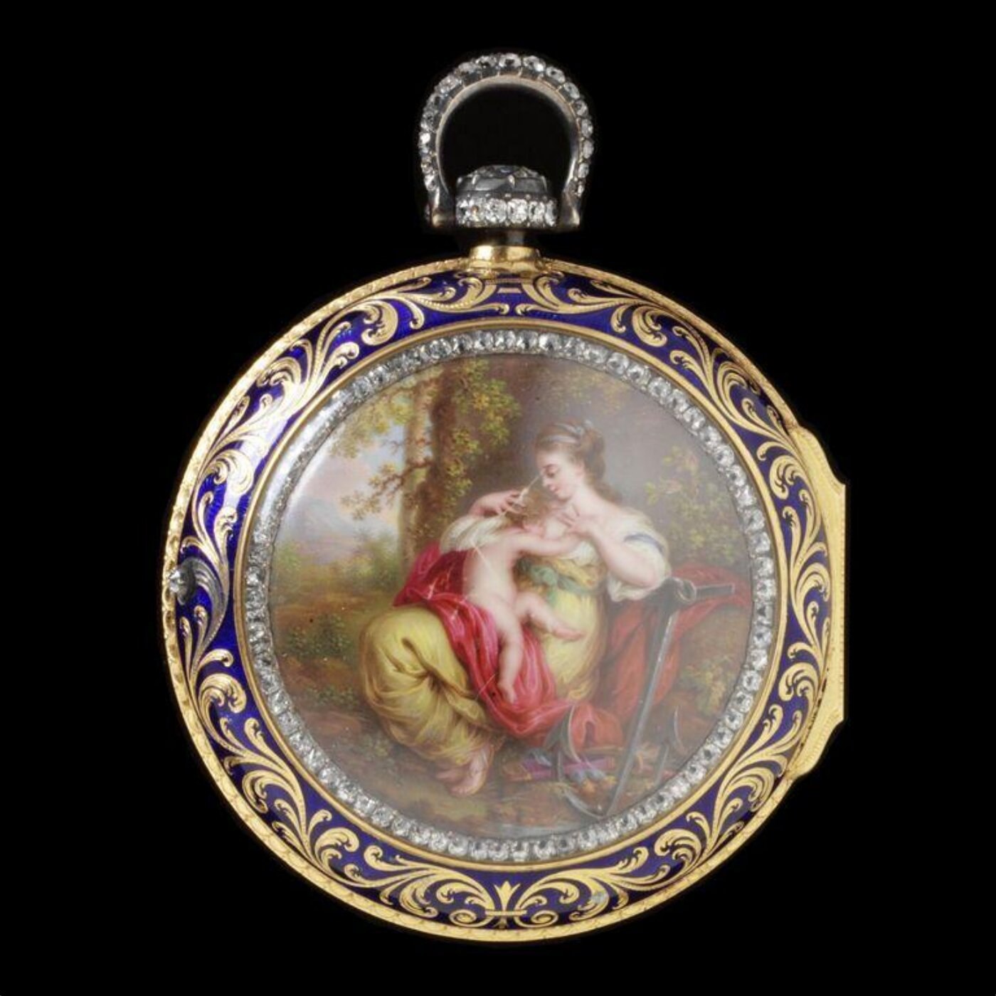 Gold pocket watch with diamond setting and enamel plaque, circa 1777.
