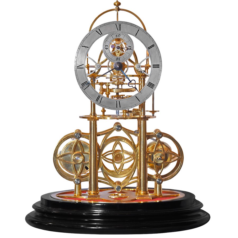 Front view of the Carlo Croce tourbillon skeleton clock on stepped black base