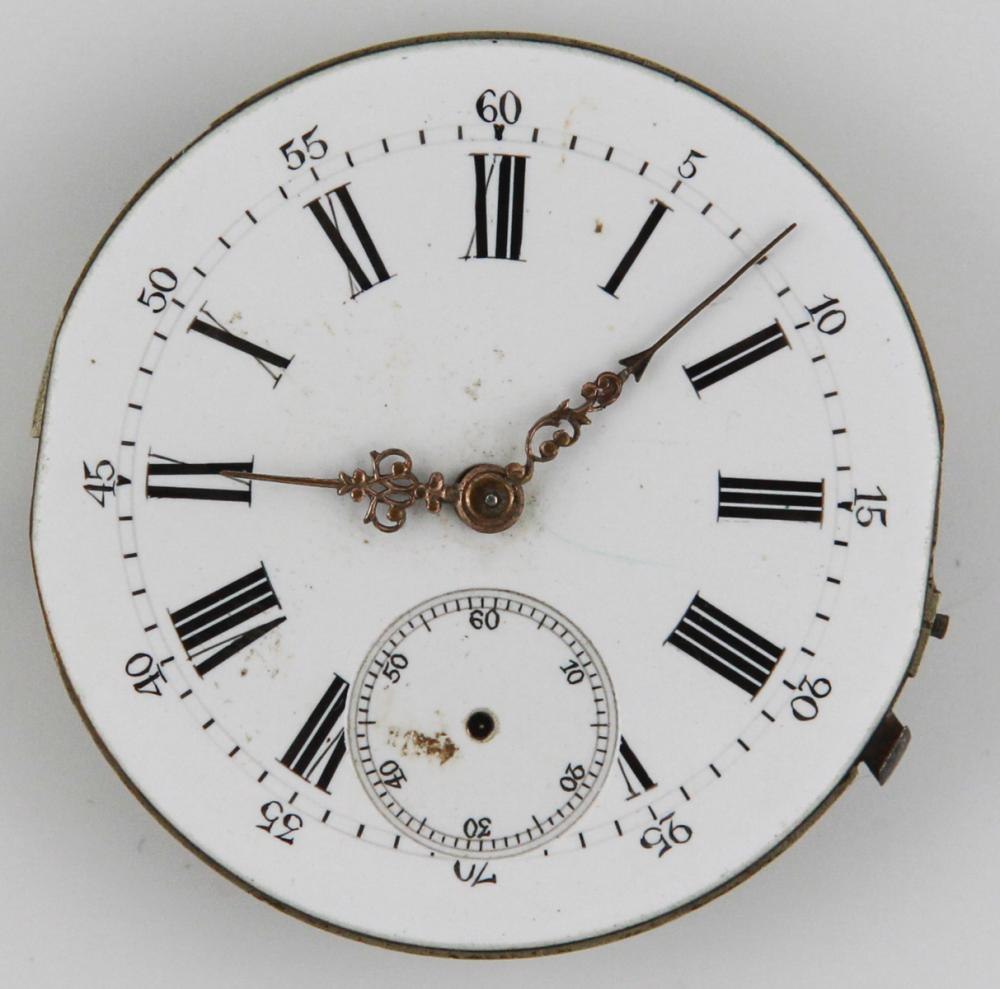 Front view of the antique pocket watch movement showing the dial, subsidiary seconds register, and ornate hands.