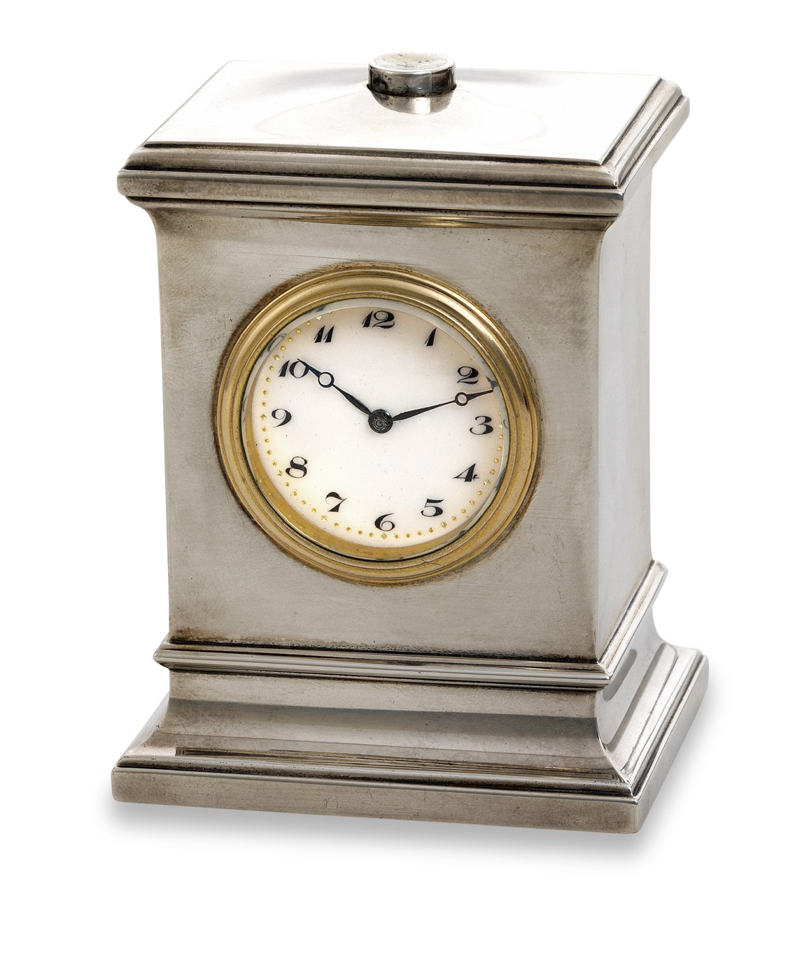 Boucheron minute-repeating desk clock showing the front profile, polished silver finish, and silver-gilt bezel.