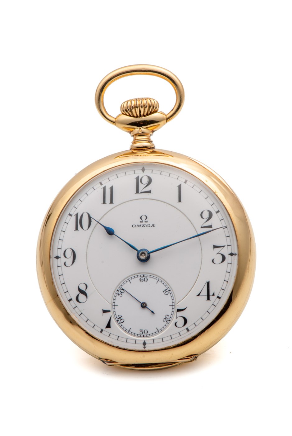 The watch face showing the white enamel dial with Arabic numerals and subsidiary seconds.