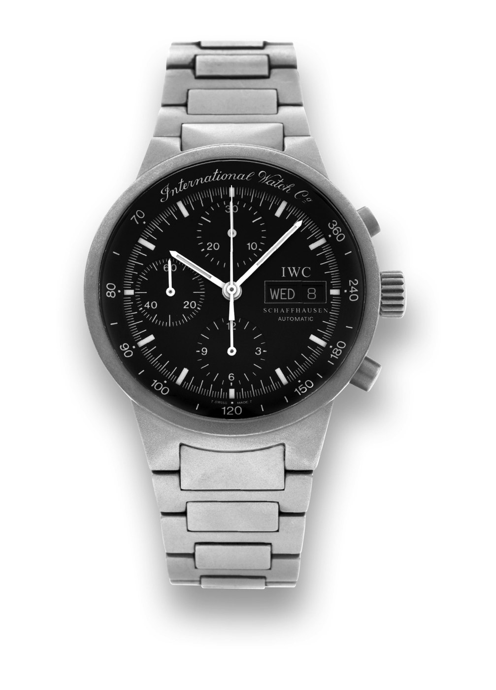 Front view of the IWC GST Chronograph in titanium showing the black dial, registers, and bracelet.