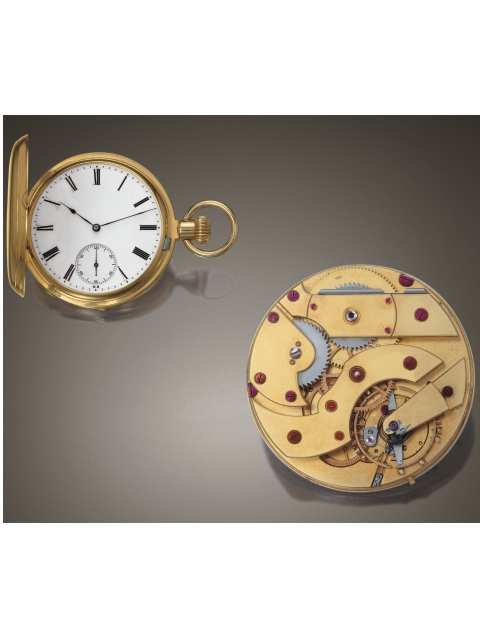 Front view of the hunting case and the frosted gilt movement.