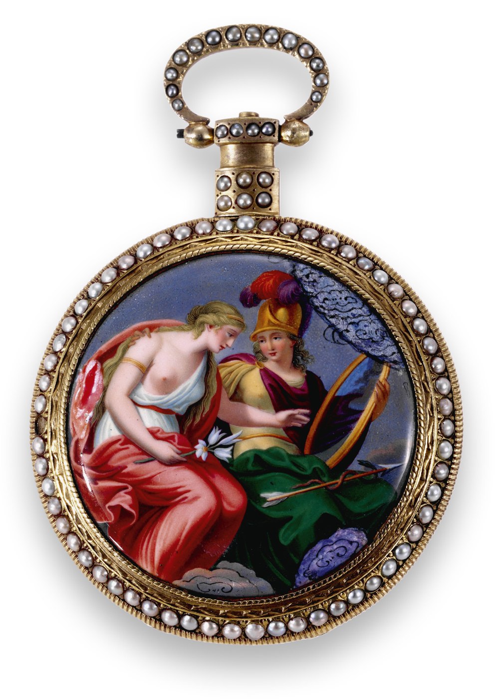 Front view of the Just & Son pocket watch showing the enamel-set case back and pearl-decorated pendant and bow.