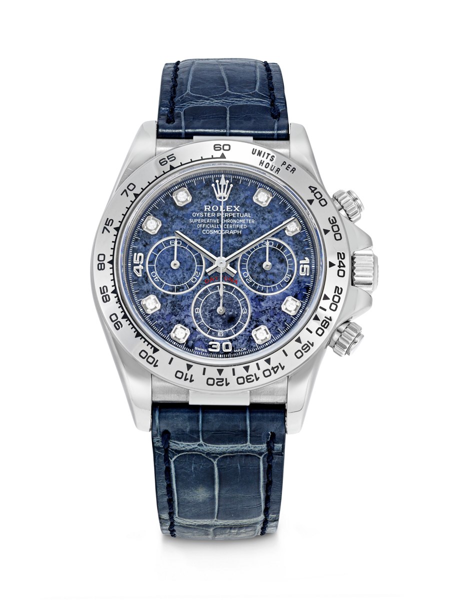 Front view of Rolex Daytona reference 16519 with sodalite dial and blue crocodile strap