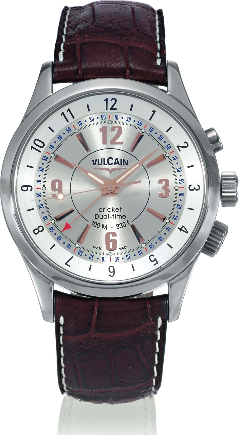 Front view of the Vulcain Cricket Dual-Time wristwatch showing the dial layout and secondary time-zone ring.
