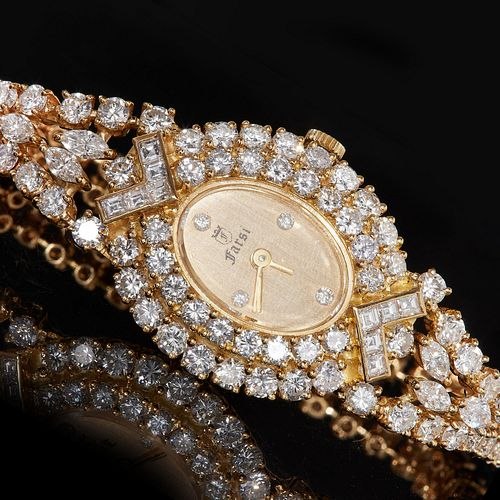 Front view of the diamond-set gold Farsi wristwatch and bracelet