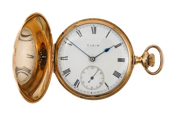 Front view of the Elgin hunting cased pocket watch with open cover showing dial and hands