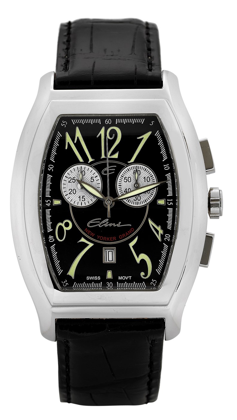 Front view of the Elini New Yorker Grand quartz chronograph showing the tonneau-shaped case, black dial with Arabic numerals, and two-register chronograph layout.