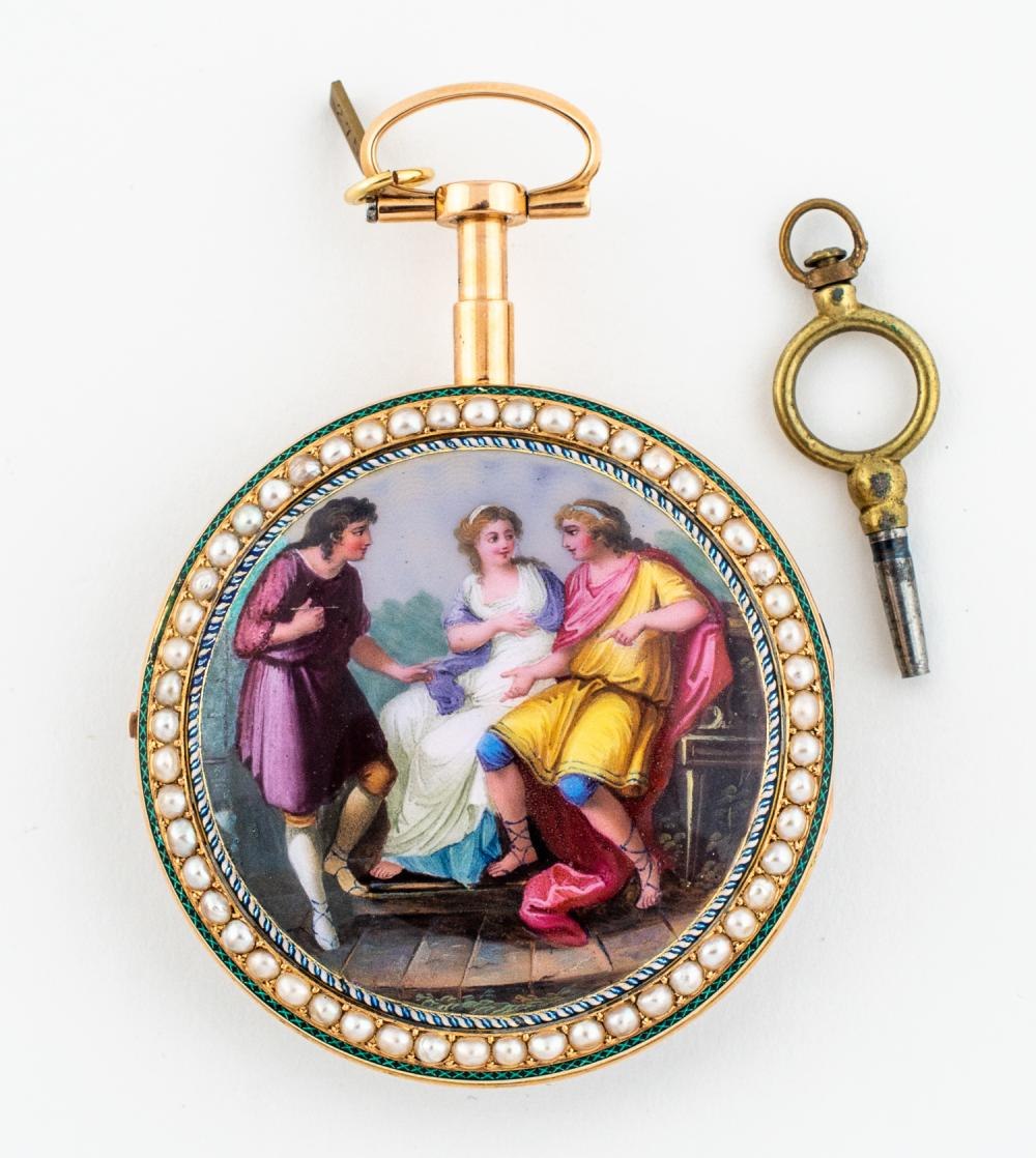 Back view of the Ld Bordier pocket watch with its accompanying winding key, showing the enamelled mythological scene.