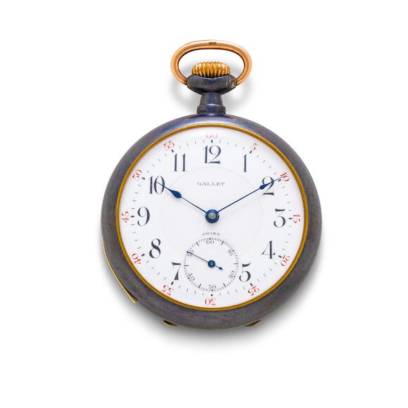 Dial and front view of the Gallet gun metal open face minute repeating watch
