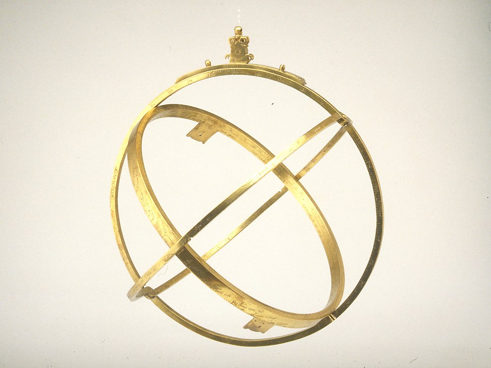 Astronomical ring dial by Gualterus Arsenius, 1572, viewed from an oblique angle showing the three-ring assembly.