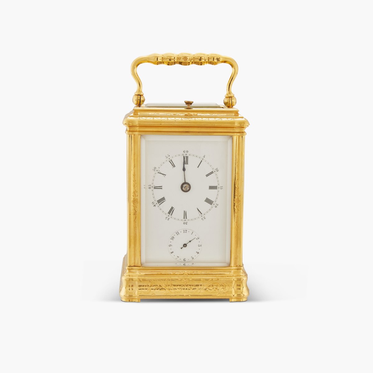 Front view of Breguet gilt brass repeating carriage clock No. 2098 with alarm
